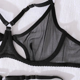 Toucheart Sexy Mesh Lingerie Split Kit with Gloves Steel Ring Laceup Patchwork Skinny See-through Hollow Interesting Private Set