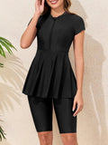 Short Sleeves Two Pieces Swimsuit Women 2026 Zipper Swimwear Female Solid Beach Dress Bathers Bathing Swimming Swim Suit
