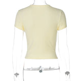Woman Clothing Letter Print Short T-shirts Y2K Streetwear 2026 Summer O-neck Slim Fit Crop Tops Vacation Beach Tees Light Yellow