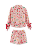 Women 2 Piece Christmas Pajama Set Santa Print Long Sleeve Button-up Tops and Elastic Waist Shorts Satin Fall Sleepwear