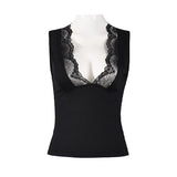 2026 Spring Summer New Arrival Elegant Sleeveless Women's Short Top Chic Fitted Lace-Panel Deep V-Neck Crop Tank Top Commute