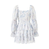 Sweet Long-sleeve Dress For Women Pleated Printed Short Women White Floral Print Mini Dress Long Puff Sleeve For Beach 96U3