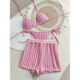 With Shorts Striped Halter Bikini Female Swimsuit Women Swimwear Three-Pieces Bikini Set Padded Bather Bathing Suit Swim V7159