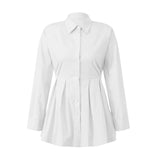 Women's Spring Autumn Solid Color Back Tie-up Tops Long Sleeve Turn Down Collar Casual Button Up Shirts