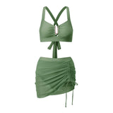 Women Summer Solid Color Bikini Sets Sleeveless Bra with High Waist Drawstring Skort Bathing Suit 2-piece Swimsuit