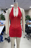 Sparkly Dotted Rhinestone Mesh Corset Dress Halter Backless Slim Ruched Hem Mini Club Dress Women Night Out Cocktail Outfit