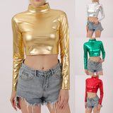 Women Metallic Long Sleeve Crop Tops Shiny Stretch Mock Neck T Shirt Dance Clubwear Ladies Slim Fit Blouses Gold Silver Costumes