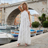 Women Fashionable Backless Sleeveless Ruffle Dresses Summer Holiday Beach  Solid Color Halter Long Dress