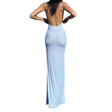 Women's Summer Sexy Bodycon Dress Spaghetti Strap Sleeveless Backless Slim Fit Floral Printed Long Dresses