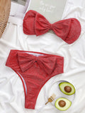 2026 Sexy Bikini Bandeau Women Shining Silk Bow High Waist Solid Swimwear Swimsuit Bikinis Set Bathing Suit Bikini Taille Haute