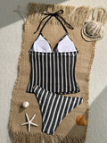 Vintage Red Striped Two Piece Bikini Set 2026 Women Shell Starfish V Neck Top High Waist Swimsuit Beach Bathing Suit Swimwear