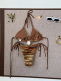 Sexy Coffee Striped Micro Bikini 2026 Women Towel Cloth Circle Push Up Bra Tie Side Thong Swimsuit Bathing Suit Holiday Swimwear