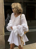 Foridol Tie Up Ruffles Lantern Sleeve White Blouse Women Spring Fashion Pelpum Top 2025 Summer O Neck Beach Casual Chic Blusa