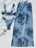 Print with Mesh Long Skirt Underwired Bikini Female Swimsuit Women Swimwear Three-pieces Bikini Set Bathing Suit Swim Beachwear