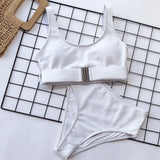 4 Colors Bikini Women Solid High Waist Swimwear Swimsuit Buckle Design Female Beach Bikinis Set Bathing Suit Bikini Taille Haute
