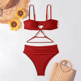 V Neck Wrinkled Stain Bikinis Female Swimsuit High Waist Bikini Women Swimwear Two-pieces Bikini Set Bather Bathing Suit Swim