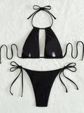 2025 Halter Tie Side Hollow Out Smocked Bikini Women Swimsuit Female Swimwear Two Pieces Bikini Set Swim Bathing Suit Beach Wear