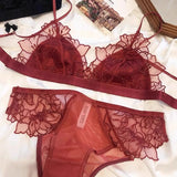 French Embroidery Lace Bralette Wireless Triangle Cup Bra for Women Elegant Underwear Set Thin Straps Small Chest Cover MOYISU
