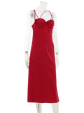 Ahagaga Summer Sexy Club Women's Fashion Bow Strap Dresses V-Neck Long Y2K Sleeveless Solid Skin Summer Party Evening Bodycon