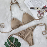 6 Colors Sexy Bikini Women Solid Rhinestone Metal Chain Swimwear Swimsuit Female Halter Bikinis Set Bathing Suit Beachwear Mujer