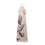 Summer Vacation Style Print Long Dresses Women Sexy Backless Slim Sleeveless Halter Neck Dress Fashion Casual Lady Beach Vestido