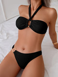 Halter Bikinis 2026 Women Bandeau Swimsuit Solid Sexy Ring Link Swimwear Female Bathers Bathing Swimming Swim Suit Beachwear