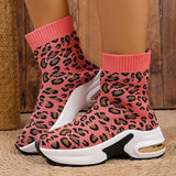 Fashion Leopard Print Platform Ankle Boots Women Comfy Slip On Breathable Knitted Boots Woman Plus Size 35-43 Wedges Short Boots