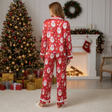 Women's 2025 Christmas Pajama Sets Fashionable Santa Printed Front Tie Ruffle Tops with Pants Two Pieces Soft Sleepwear