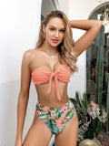 2026 Sexy Bikini Bandeau Women Push Up Swimwear Swimsuit Pleated Leaf Print High Waist Backless Bikinis Set Beach Bathing Suit