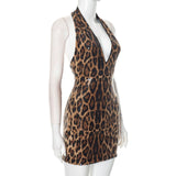 Sexy Halter Neck Off Shoulder Leopard Print Mini Dresses for Women Sleeveless Backless Sequins Skinny Party Night Club Dress