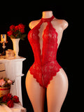 Adult Deep V-neck Hanging Neck Lace Flower Print Lingerie Solid Color Knitted Sexy Backless Underwear Women's Jumpsuit Clothing