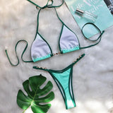 Sexy Halter Pearl Extreme Mini Micro Bikini Female Swimsuit Women Swimwear Two-pieces Bikini set Ribbed Bather Bathing Suit Swim