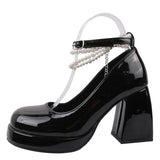 10cm Super High Heels Mary Jane Shoes Women Fashion Patent Leather Platform Pumps Woman Pearls Chain Ankle Strap Party Shoes