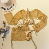 Sexy Gold Mesh Long Sleeve Cover Up Skirt 4 Piece Swimsuit 2026 Swimwear Women Summer Leather Push Up Bra Bathing Suit Swimsuit