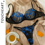 Toucheart Sexy Bra Underwear Set For Women Embroidery Butterfly Printing Patchwork Mesh Hollow Out Perspective Underwear Suit
