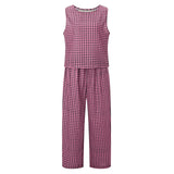 Women’s 2 Piece Summer Pant Outfits Sleeveless Plaid/Stripes Print Tank Tops + Pants Set Casual Streetwear