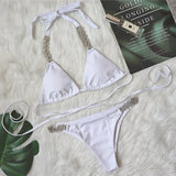 2026 Sexy Bikini Women Solid Halter Rhinestone Chain Bandage Swimwear Swimsuit Female Beach Bikinis Set Bathing Suit White/Black