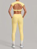 Yoga Set Women's Tracksuit Short Sleeve Back Hollow Out Sports Top Athletic Wear Tight High Waist Pocket Leggings Fitness Suits