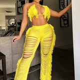 DEKAWomen Tassel Pants Knitted Bra Top Bikini Set Swimsuit Handemade Crochet Bikini Cover Up Tassel Beach Long Wrap Pant