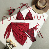 Sexy Lace Micro Mini String Halter Bikinis Sets 3pcs with Cover Skirt Black and Red 2 Color Swimwear Swimsuit Bathing Suit