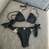 Sexy Metal Chain Thong Bikini 2025 Women White Black Cut Out Push Up Micro Swimsuit Beach Bathing Suit Tie Side Thong Swimwear