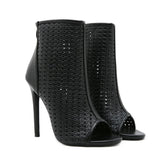 Big Size 42 Sexy Black Hollow Out Summer Boots Women Chic Peep Toe Thin High Heels Zip-up Ankle Boots Party Shoes