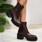 Fashion Thick Heels Ankle Boots Women 2025 Back Zipper Plus Size 35-42 Pu Leather Boots Woman Round Toe Platform Booties Mujer
