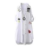 Women Mid Length Shirt Cartoon Embroidery Loose Irregular Hem Turn-down Collar Single-breasted Sun Protection Long Sleeves Top