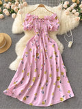 2025 Summer French Vintage Floral Dress Fashion Elegant High-Waisted Drawstring Vestidos Printed Fresh And Sweet Long Dresses