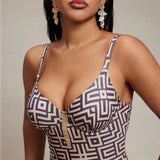 S - XL Printed Underwired V Neck Women Swimwear One Piece Swimsuit Female Lace Up High Leg Cut Bather Bathing Suit Swim V7552