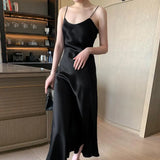 Women Evening Dress V Neck Low Cut Spaghetti Strap Solid Color Backless Dress-up Sleeveless Satin Wedding Party Midi Dress