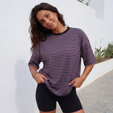 Summer Women's Loose T-shirt Casual Stylish Striped Crew Neck Short Sleeve Drop Shoulder Tee Tops