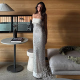 FDYOUI Luxury Bandage Sequins Evening Party Dresses for Women Sexy Strapless Off Shoulder Backless Split Slim Long Wedding Dress