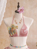 Women embroidery flower glitter metallic bikinis sets 3pcs with split mini skirt swimsuit bathing suit beach outfits biquini